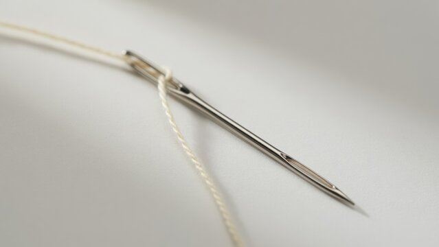 needle with thread on neutral surface close-up in crafting and sewing context silver and white materials neutral mood clean and light background copy space modern and bright.