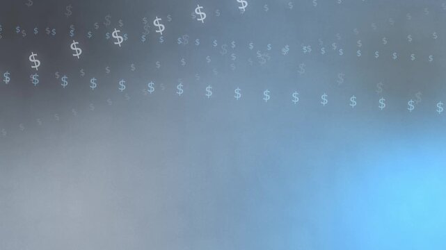 Abstract gray blue gradient background with floating glowing dollar symbols