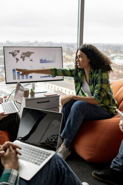 A woman points to a world map and charts on a large monitor during a casual business meeting with colleagues using laptops
