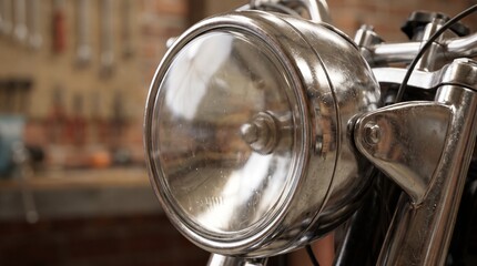 Fototapeta premium Close up of a vintage motorcycle headlight with chrome details and a blurred workshop background