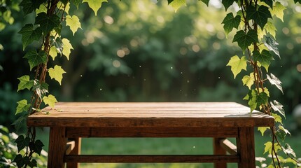 Obraz premium Wooden table with green ivy vines and leaves in serene garden background. Sunlight dappling through foliage creates inviting natural ambiance for outdoor dining or relaxation.