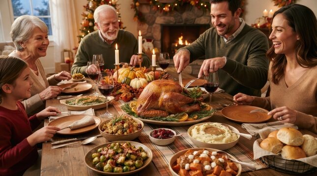Multi-generational family enjoying a festive Thanksgiving dinner with a roasted turkey