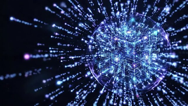 Quantum computing abstract technology background, glowing quantum particles, luminous geometric structures, futuristic energy fields