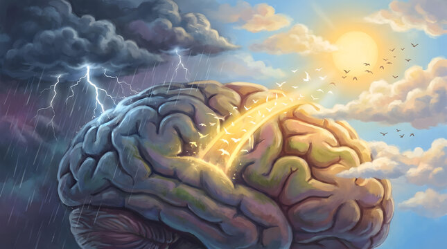 Human brain illustration showing mental health recovery from storm to bright sunny sky