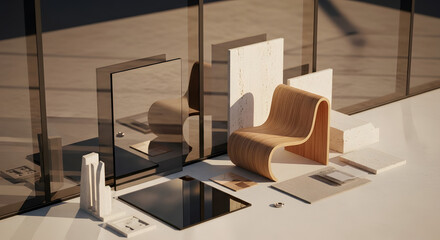 Fototapeta premium Modern lounge chairs, art, plant, sunset scene.
