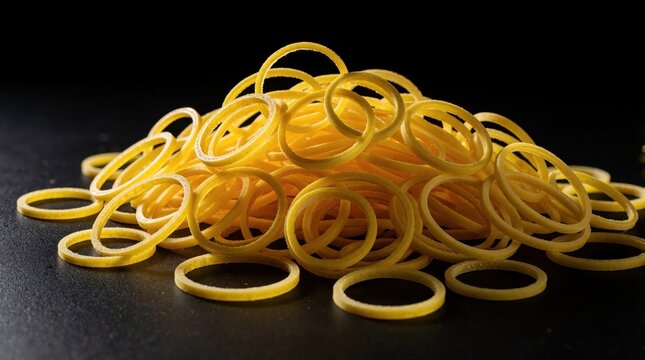 Pile of yellow rubber bands arranged on dark surface. Macro shot shows texture, flexible circular shape. Dramatic lighting creates contrast, highlights material properties. Office, school supply for