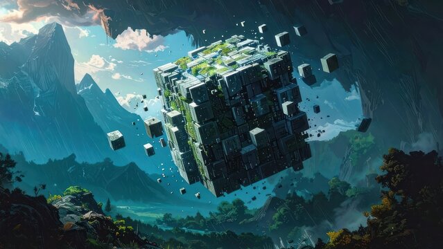 Surreal floating stone cube in lush mountain valley.