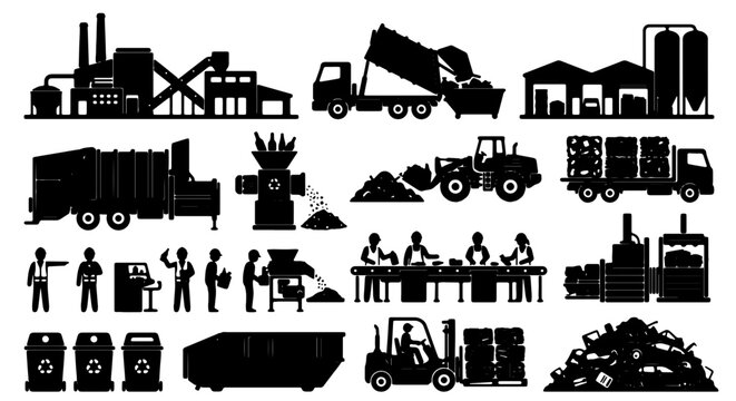 Recycling Plant Operations Vector Icons, Waste Management Industry Silhouettes, Industrial Process Elements, Environmental Protection Graphics