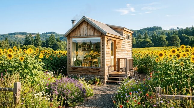 Charming wooden tiny house nestled in a vibrant sunflower field