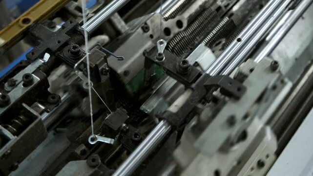 Camera looks down on advanced knitting machine operating inside textile factory. Precision engineering supports efficient automated manufacturing process.