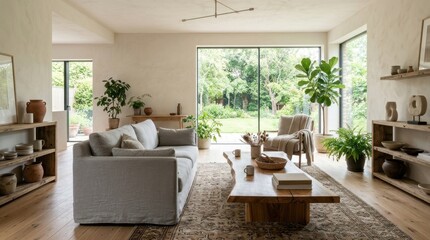 Fototapeta premium Modern minimalist living room interior with grey sofa, wooden furniture, and garden view window.