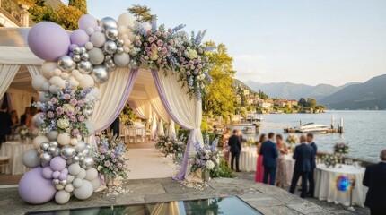 Fototapeta premium Elegant lakeside wedding ceremony setup with floral arch and balloon decorations