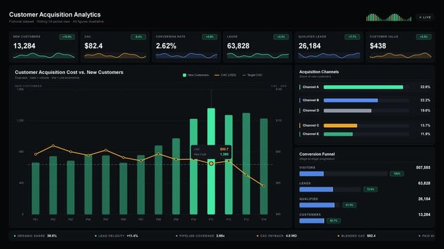 Explore an animated dark-mode customer acquisition analytics dashboard showcasing metrics like CAC, conversion rates, and customer value with dynamic visualizations.