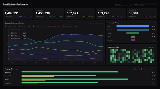 Explore a sophisticated dark-mode email marketing performance dashboard animation featuring key metrics and visual analytics for enterprise reporting.