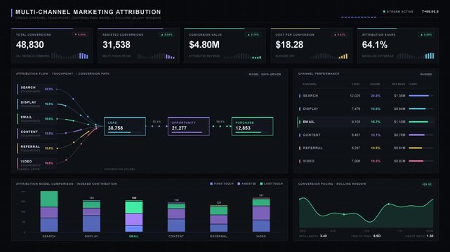 Explore a dark-mode multi-channel marketing attribution dashboard showcasing various marketing touchpoints and their impact on conversions with animated data particles and KPI metrics.