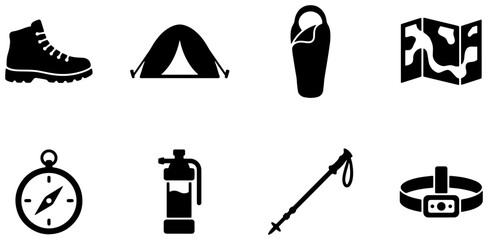Fototapeta premium Outdoor Adventure Gear Icons: Hiking Boot, Tent, Sleeping Bag, Map, Compass, Water Bottle, Trekking Pole, Headlamp Set