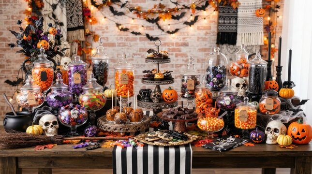 Spooky Halloween candy buffet table with pumpkins, skulls, and treats