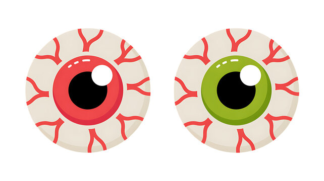 Two stylized eyeballs, one with a red iris and the other with a green iris, both with visible red veins on a white background