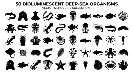 Fototapeta premium 50 Bioluminescent Deep-Sea Organisms Vector Silhouette Collection, Marine Life Icons, Underwater Creatures, Aquatic Biodiversity