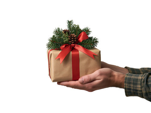 Hands holding a Christmas gift box wrapped in craft paper with a red ribbon and fir tree branches isolated on transparent or white background, png