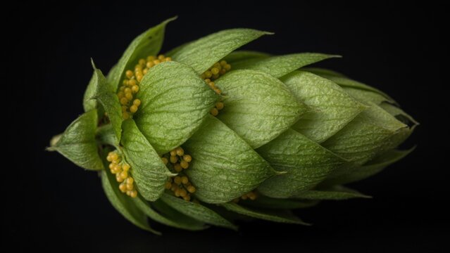 close-up of vibrant hop cone with green leaves and yellow buds against dark background, natural and detailed botanical photography for food and beverage ingredients.