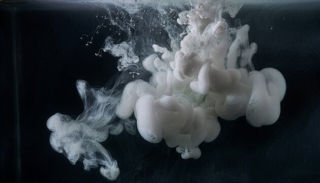 Close-up of white ink dispersing in dark water.
