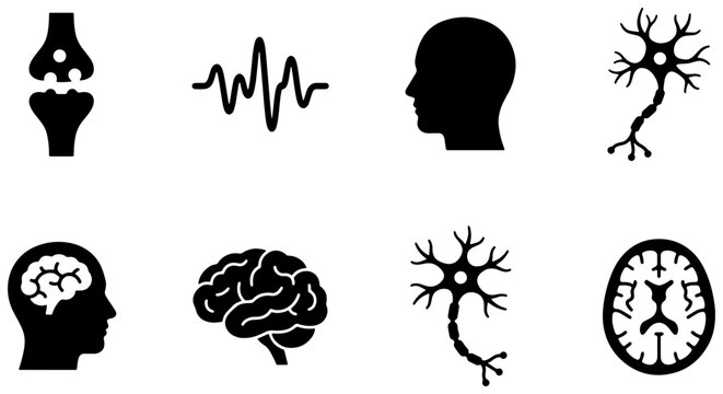Neurology and Brain Health Icons Set: Neuron, Synapse, Brain Scan, Head Silhouette, EEG Waveform, Human Anatomy