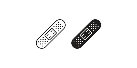 Adhesive bandage wound dressing icons for medical first aid in outline and solid black.