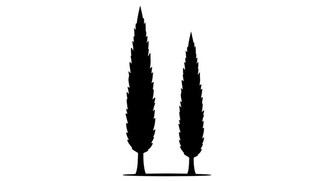 Two Tall Cypress Trees Silhouette, Italian Landscape Element, Evergreen Plant Vector Icon, Mediterranean Scenery Graphic