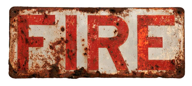 Fire word warning sign in red grunge rusty style. Flammable hazard risk. Generative AI technology.