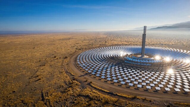 Vast Solar Power Plant with Concentrated Solar Power Tower in Desert Landscape.