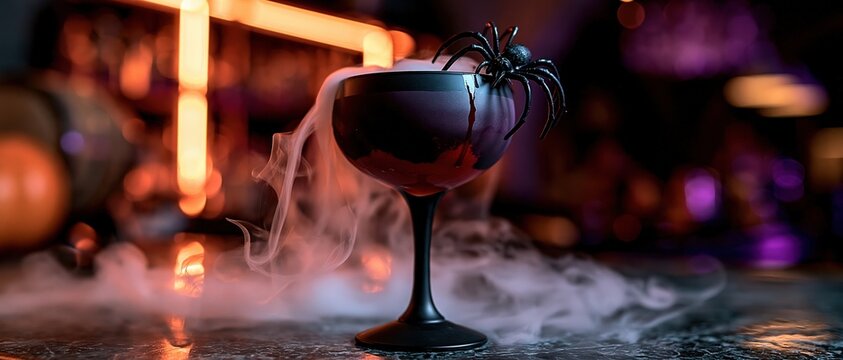 Spooky seasonal cocktail served in a black coupe glass with spider garnish and swirling dry ice fog, perfect for Halloween party menus, bar promotions, and festive event marketing.