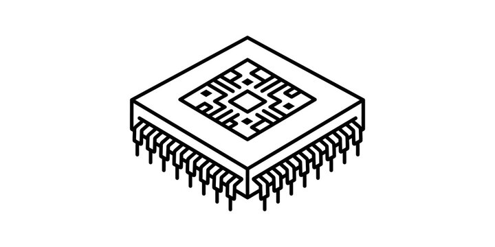 Isometric computer processor chip icon in thin line style for hardware technology concept.