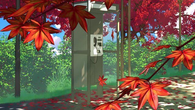Phone booth and red maple leaves