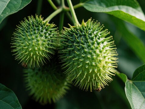 Green spiky rambusa fruit hang on vine branch outdoors. Wild Passiflora foetida pods grow on climbing plant, nature detail macro shot. Ripe fruit pod in garden.