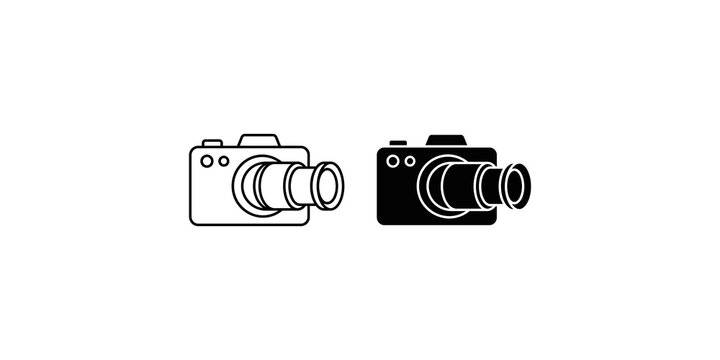 Digital camera icon set with zoom lens in outline and solid black versions for photography and media technology.