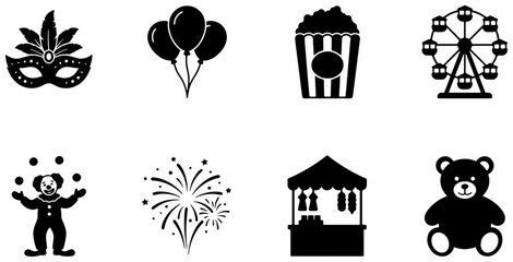 Naklejka premium Carnival Icons Set: Masquerade Mask, Balloons, Popcorn, Ferris Wheel, Juggling Clown, Fireworks, Food Stall, Teddy Bear Vector Graphics