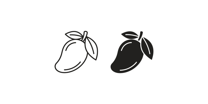 Minimalist mango fruit line and solid silhouette icons set for food branding and organic grocery stickers.
