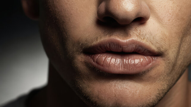 Male mouth close up, lips and skin texture in dramatic light