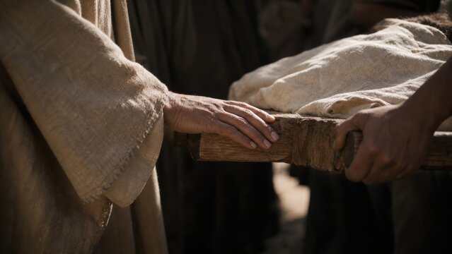 Jesus touches a funeral bier to resurrect the son of a widow in Nain. Biblical scene from the Gospel of Luke. Miracle of divine healing, faith, and hope through religious art.
