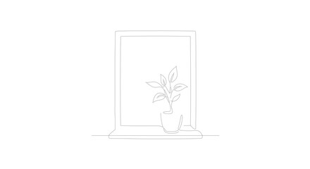 Obraz premium Minimalist Single Line Drawing of a Potted Plant on a Windowsill, Clean Vector Art for Home Decor and Interior Design Concepts