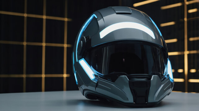 Sleek futuristic motorcycle helmet with blue light on dark studio background