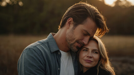 Fototapeta premium Couple embrace in warm sunset field with intimate, peaceful mood