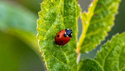 Fototapeta premium Close up view of red ladybird insect on green leaf in sunny garden nature background