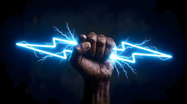 Powerful hand holding glowing lightning bolt on dark background.