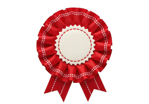 Red fabric award rosette with badge isolated on transparent background cutout
