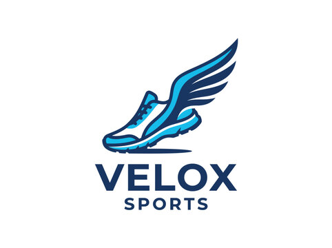 Professional blue winged running shoe logo design for athletic performance speed and modern sports brand identity