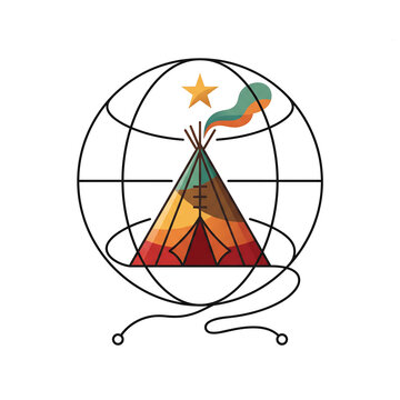 Minimalist indigenous peoples day logo with globe tipi and star on white