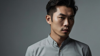 Obraz premium Asian man portrait, confident expression, gray shirt, studio background