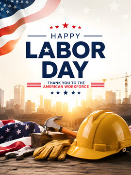 Happy labor day celebration with construction worker and city skyline